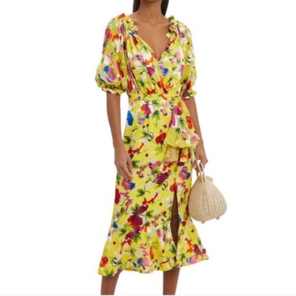 SALONI Yellow Olivia Floral Midi Dress Sz US4 - Picture 1 of 7